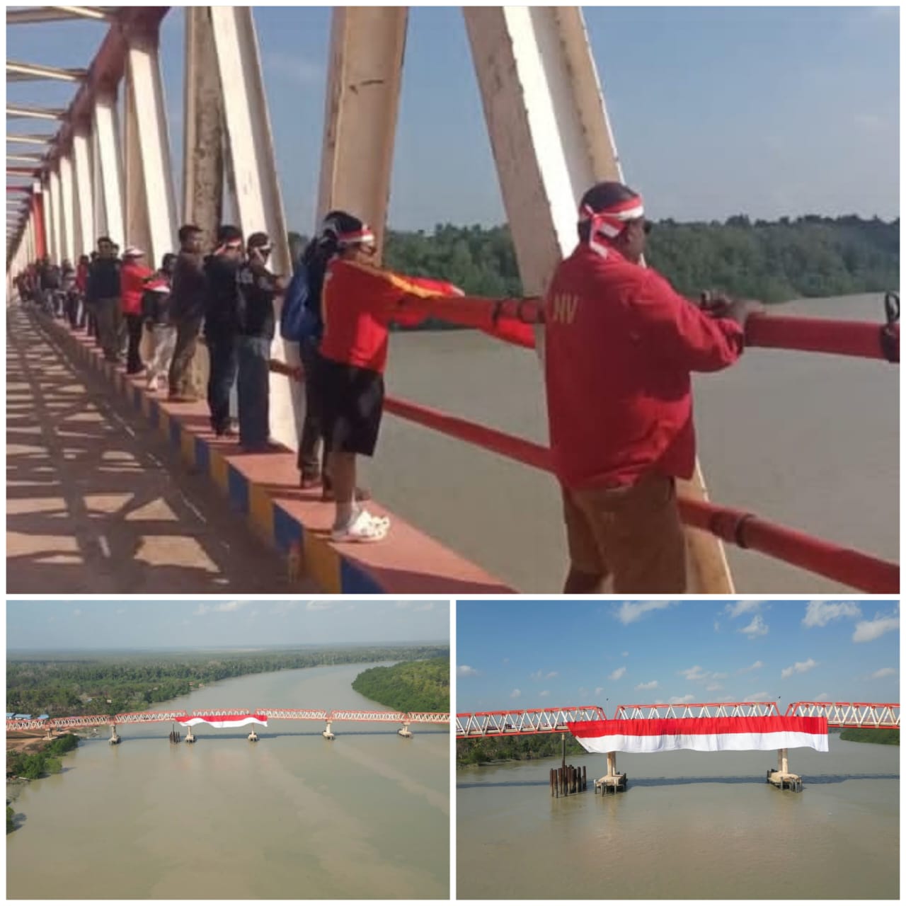 Bendera Merah Putih raksasa saat dibentangkan di Jembatan Tamulik-Okaba, Kabupaten Merauke, Provinsi Papua Selatan – Surya Papua/Frans Kobun