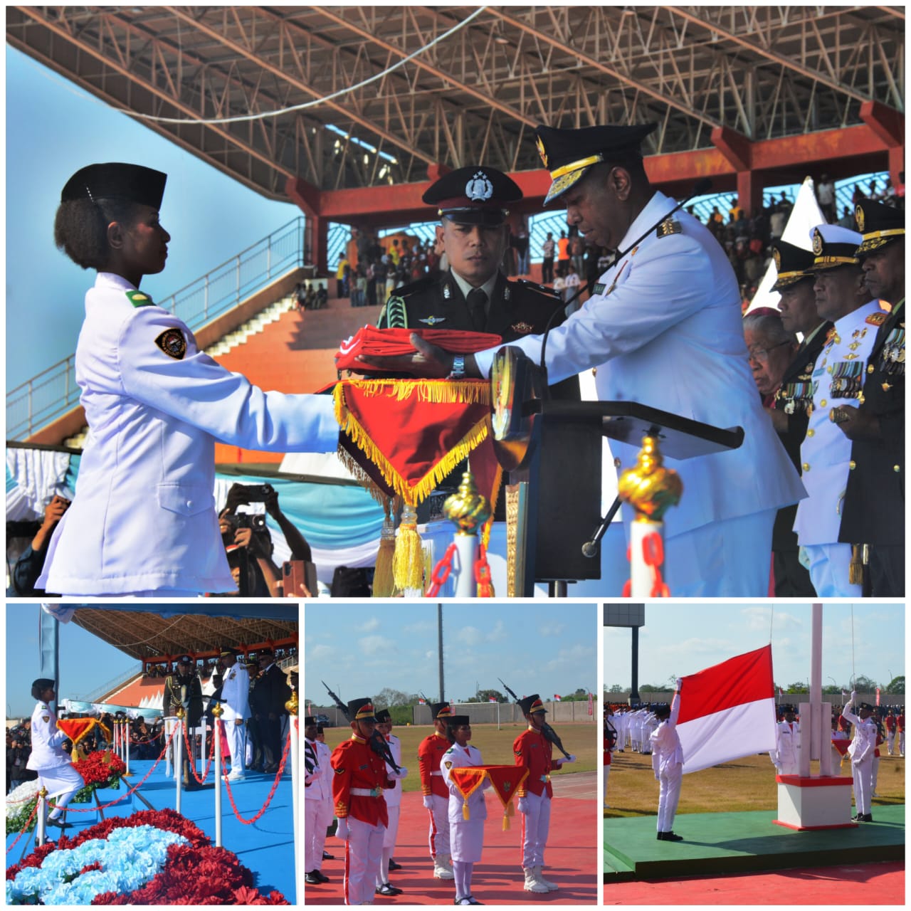 Pengibaran Bendera Merah Putih di Stadion Katalpal Merauke tadi pagi pada HUT ke-81 RI – Surya Papua/IST