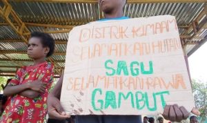 maskura 2 Seorang anak di Kampung Kiworo, Distrik Kimaam sedang memegang sehelai kertas dengan tulisan penolakan PSN saat aksi di Lapangan Maskura-Kimaam – Surya Papua/Frans Kobun