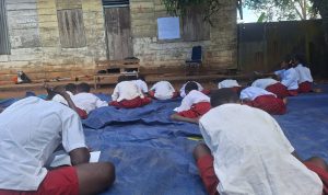 Anak didik di SD Yodom, Kabupaten Mappi yang sedang mengikuti kegiatan belajar mengajar dengan beralaskan terpal- Surya Papua/IST