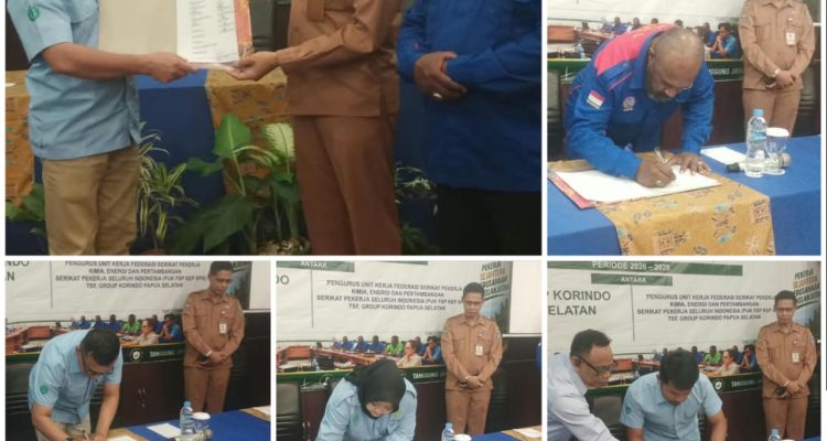 Penandatanganan perjanjian kerja bersama di Swiss belhotel tadi pagi antara TSE Group Korindo Papua selatan dengan SPSI – Surya Papua/Frans Kobun