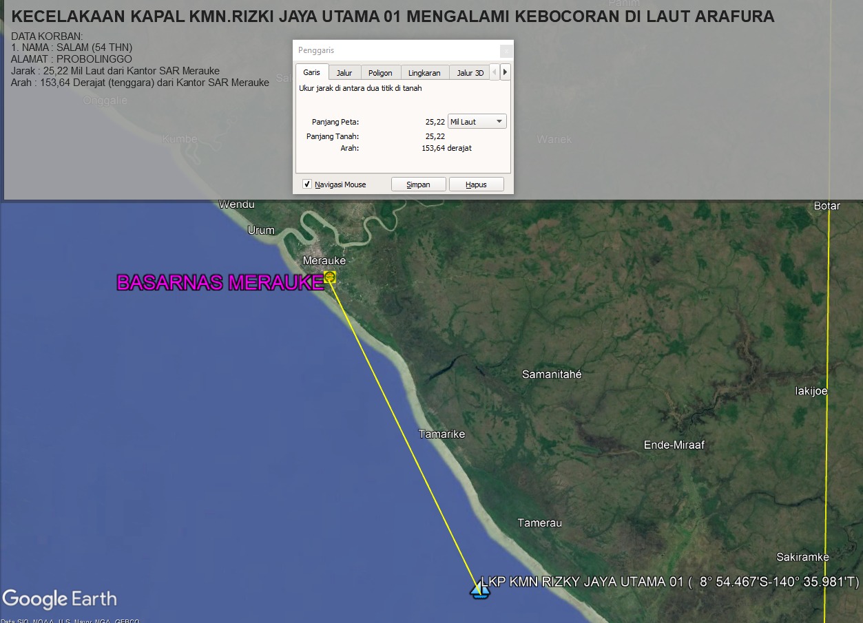 Lokasi tenggelamnya KMN Risky Jaya Utama 01 di Laut Arafura – Surya Papua/IST
