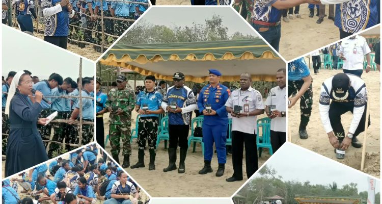 Kegiatan penanaman ribuan anakan mangrove di pantai Yobar I, Kampung Yobar, Kabupaten Merauke – Surya Papua/Frans Kobun